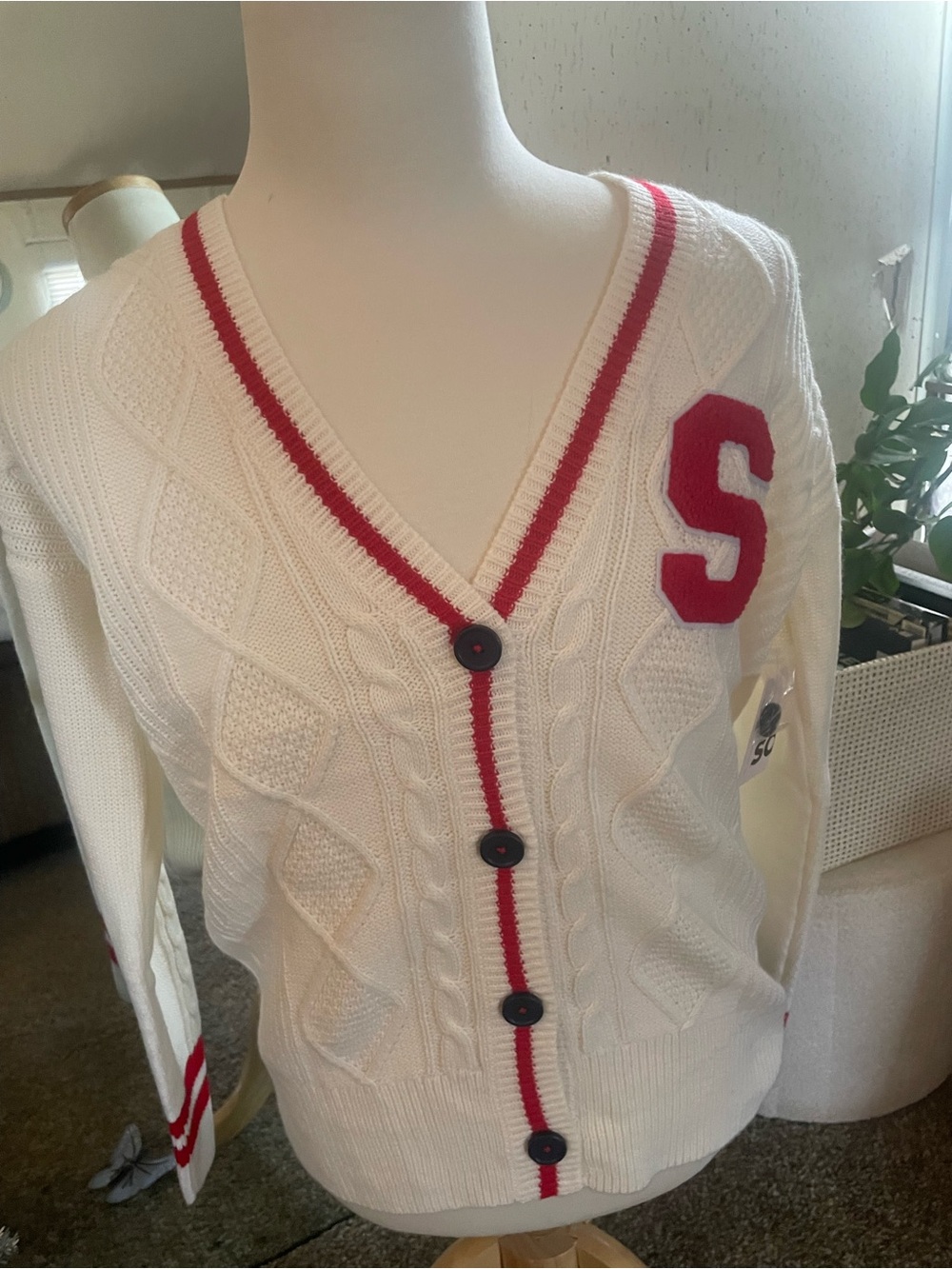 SO White Cable-Knit V-Neck Cardigan with Red Trim and Letter Patch